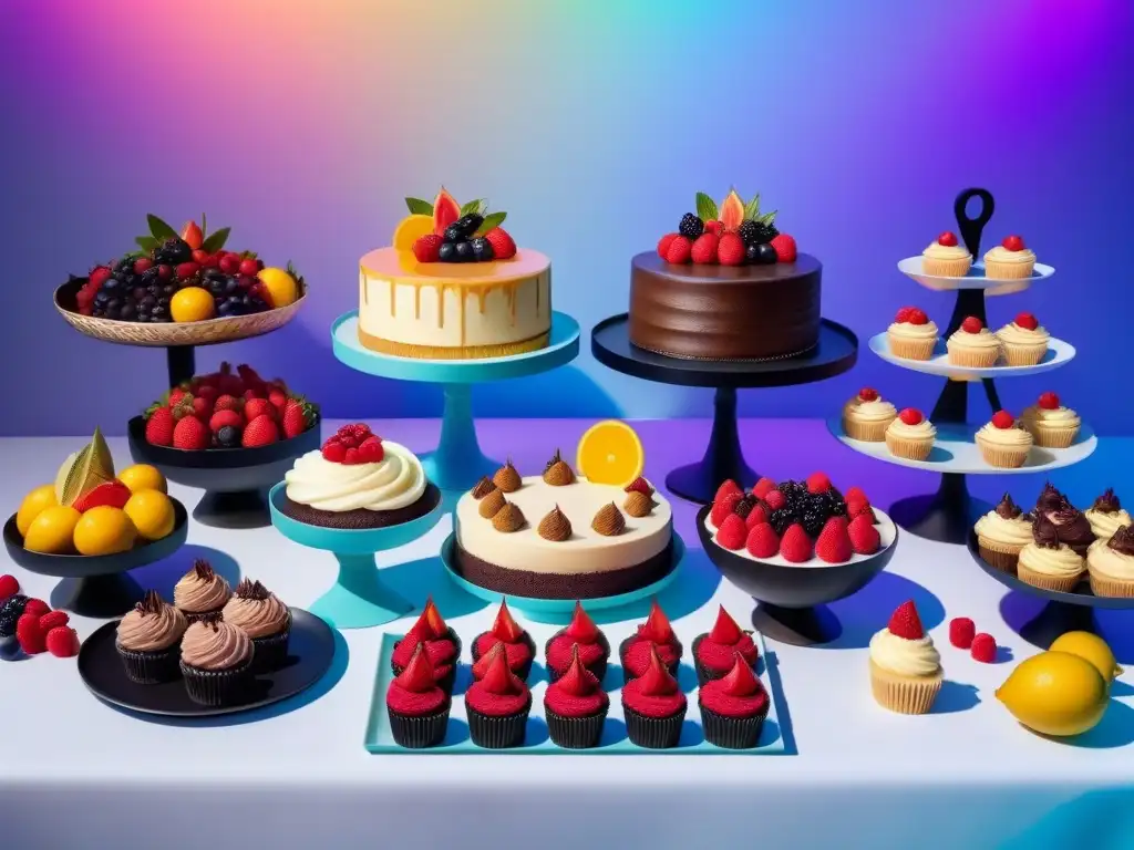 Una mesa de postres veganos para fiestas innovadores con cupcakes, tartas de frutas, pasteles de chocolate sin lácteos y helados veganos