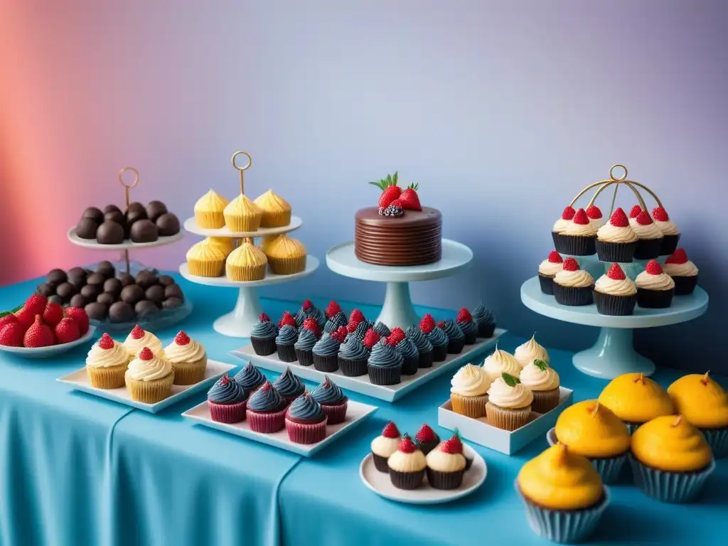 Una mesa de postres veganos para fiestas innovadores: cupcakes decorados, trufas de chocolate y tarta de frutas, con elegante presentación y luces ambientales