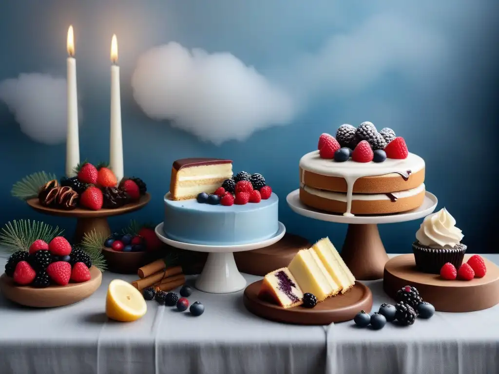 Una mesa de postres veganos nórdicos de invierno, con delicias artísticas rodeadas de detalles elegantes y cálida luz de velas