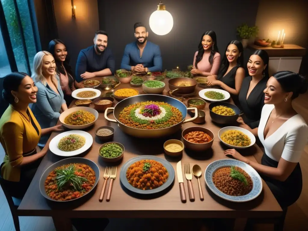 Una mesa rebosante de recetas veganas ancestrales tradicionales veganismo, en un ambiente alegre y multicultural