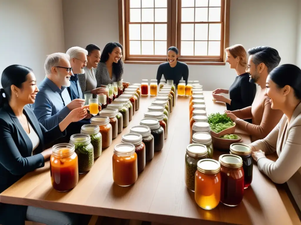 Una mesa repleta de alimentos fermentados veganos, rodeada de personas diversas y sonrientes en una cocina luminosa