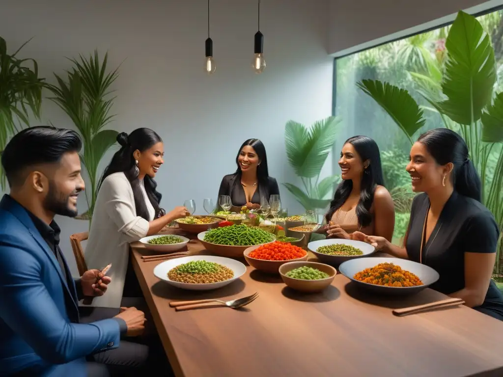 Una mesa repleta de platos coloridos en un taller de cocina vegana peruana