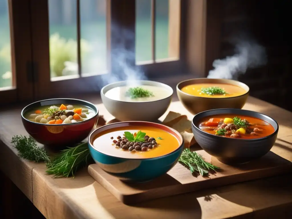 Una mesa rústica con coloridos cuencos de sopas veganas europeas, decorados con hierbas frescas y especias