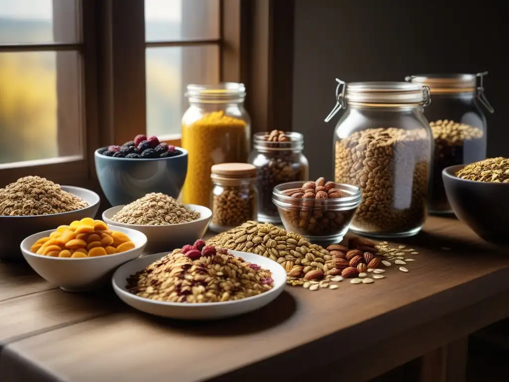 Una mesa rústica con ingredientes para la mejor granola vegana casera receta, bañados por la cálida luz del sol