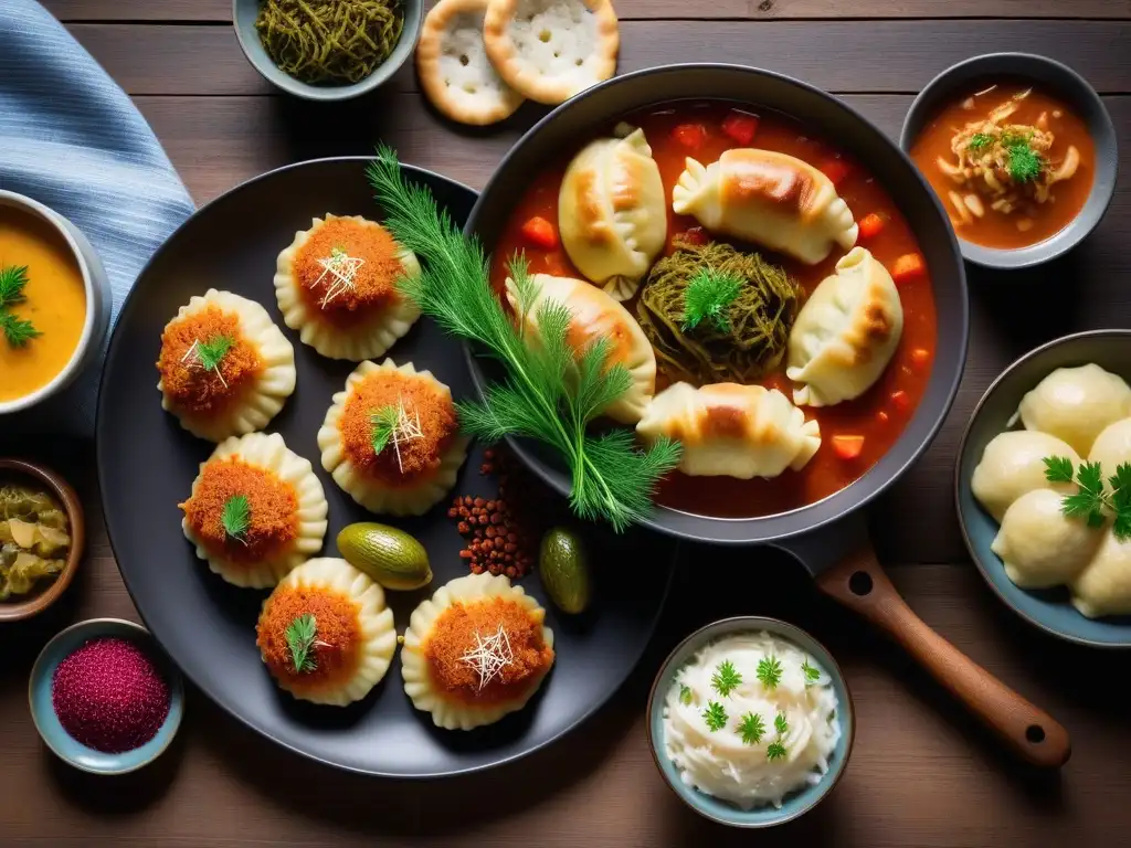 Delicias veganas de Europa del Este con chucrut Una mesa rústica llena de delicias veganas de Europa del Este con sauerkraut