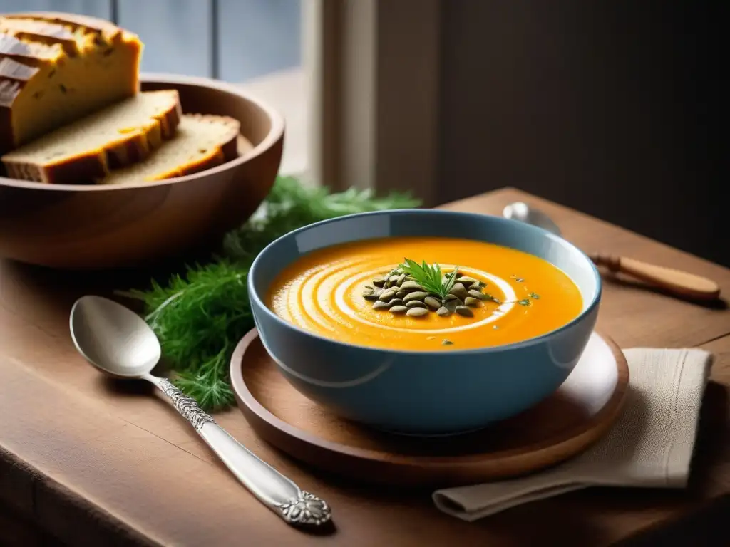 Una mesa rústica con una reconfortante sopa vegana de calabaza, pan integral y cuchara de plata, creando un ambiente acogedor