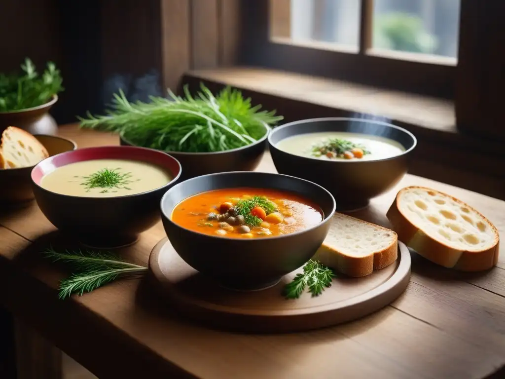 Una mesa rústica con variedad de coloridos cuencos de sopas y guisos veganos europeos, iluminados por luz invernal