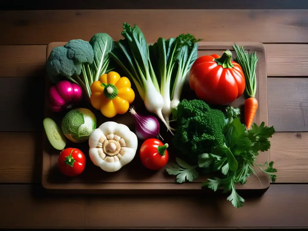 Una mesa rústica con una variedad de verduras de temporada, frescas y coloridas, para inspirar recetas de cocina vegana