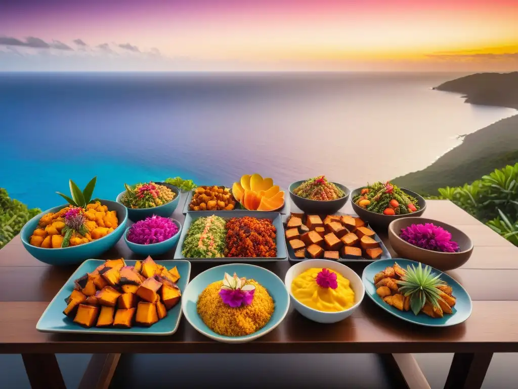 Una mesa de festín vegano en Oceanía con platos coloridos y sabores únicos, frente a un atardecer en el Pacífico