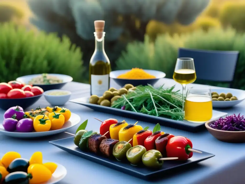 Una mesa vibrante de cocina vegana mediterránea con los mejores aceites de oliva, exudando frescura y arte culinario