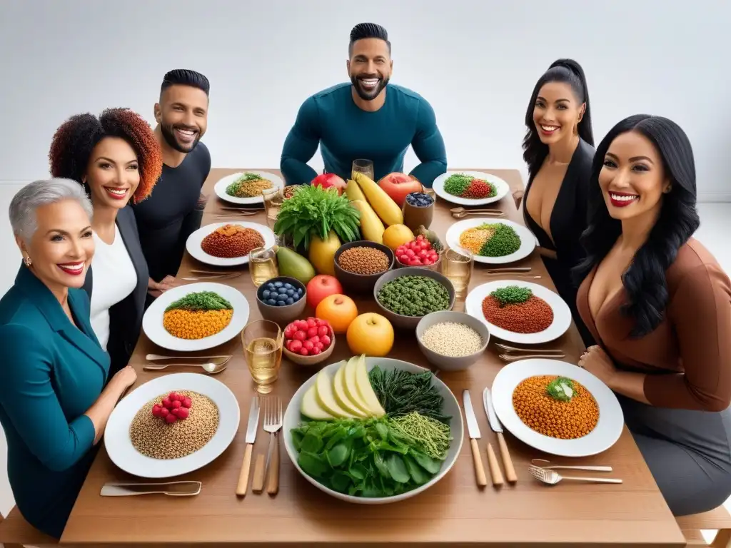 Una mesa vibrante llena de platos veganos variados, rodeada de personas sonrientes y de diversas edades y etnias