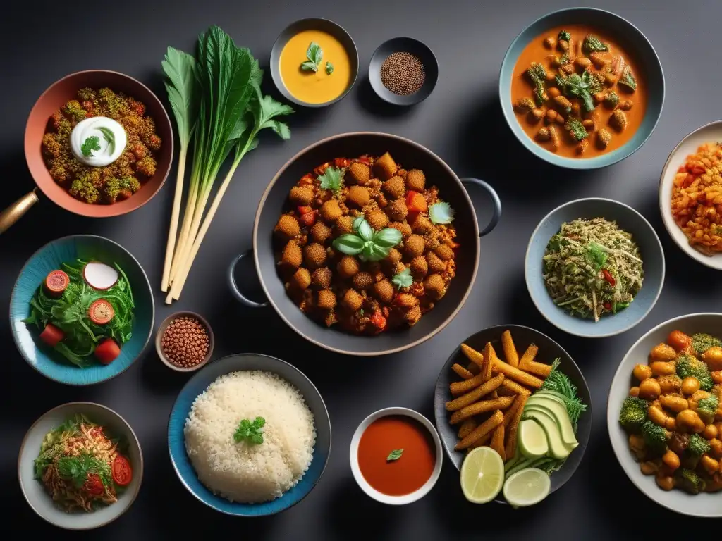 Una mesa vibrante con platos veganos coloridos de cocinas globales