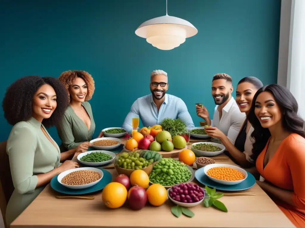 Comunidad vibrante disfrutando alimentos veganos Una mesa vibrante con variedad de alimentos veganos ricos en magnesio, uniendo a diferentes generaciones en comunidad feliz
