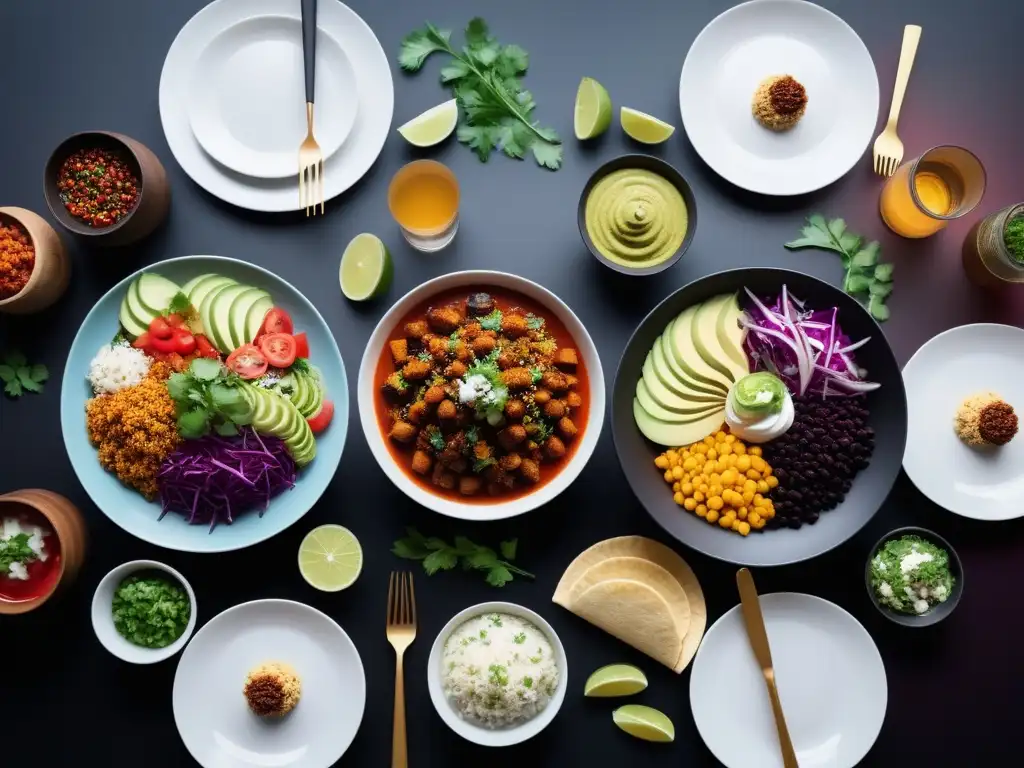 Una mesa vibrante con una variedad de platillos veganos que fusionan tradición y modernidad en la cocina