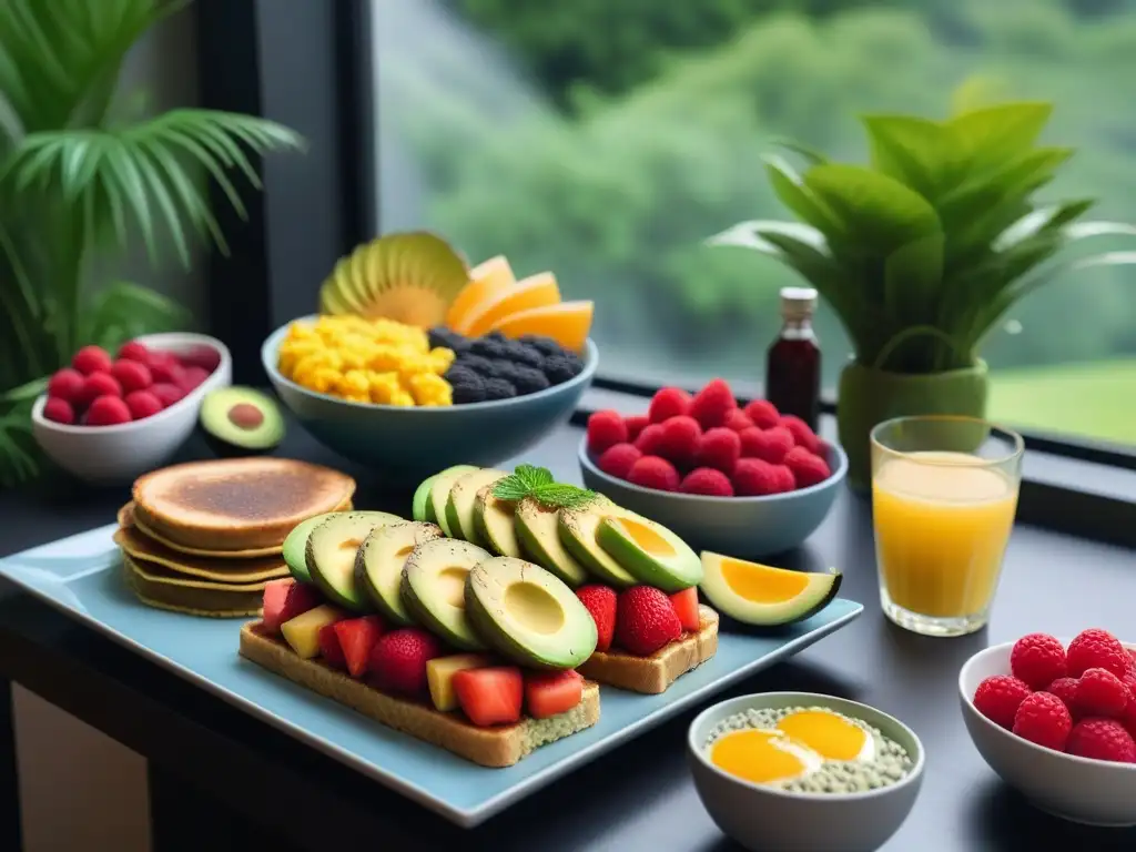 Mesas de brunch vegano con deliciosas recetas y decoración elegante