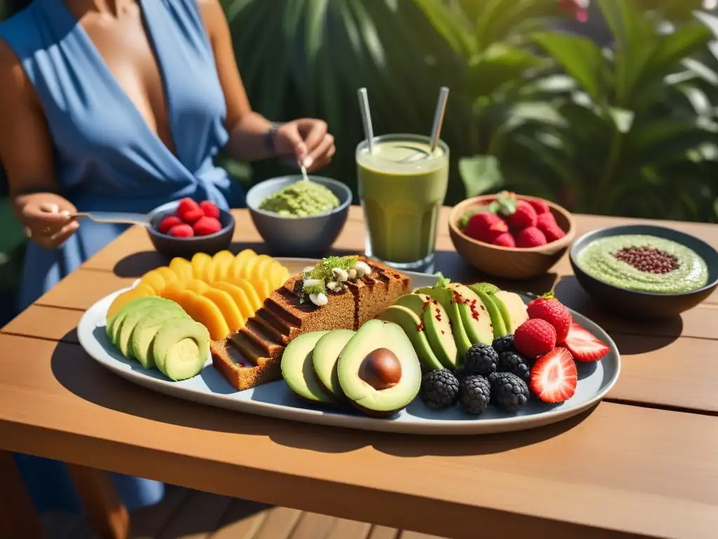 Mesita de brunch vegano con delicias frescas y coloridas en un patio soleado