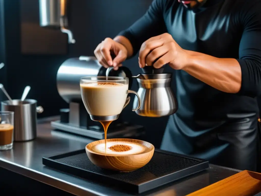 Preparación meticulosa de café vegano de coco vietnamita en un café moderno, reflejando la cultura de bebidas veganas del sudeste asiático