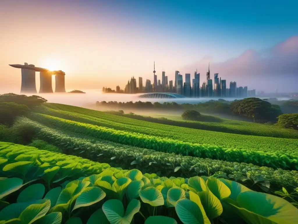 Una metrópolis futurista y vibrante al atardecer, fusionando tecnología y naturaleza en arquitectura ecoamigable