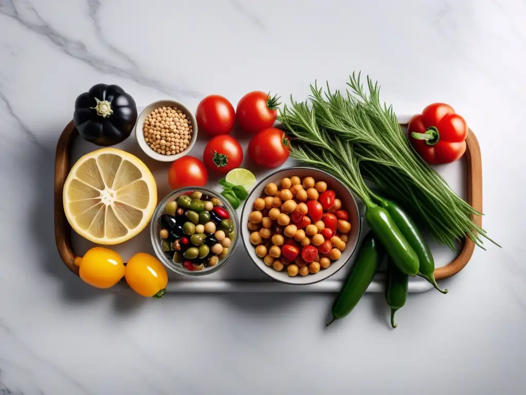 Una mezcla colorida de ingredientes frescos y vibrantes para recetas de dieta mediterránea vegana