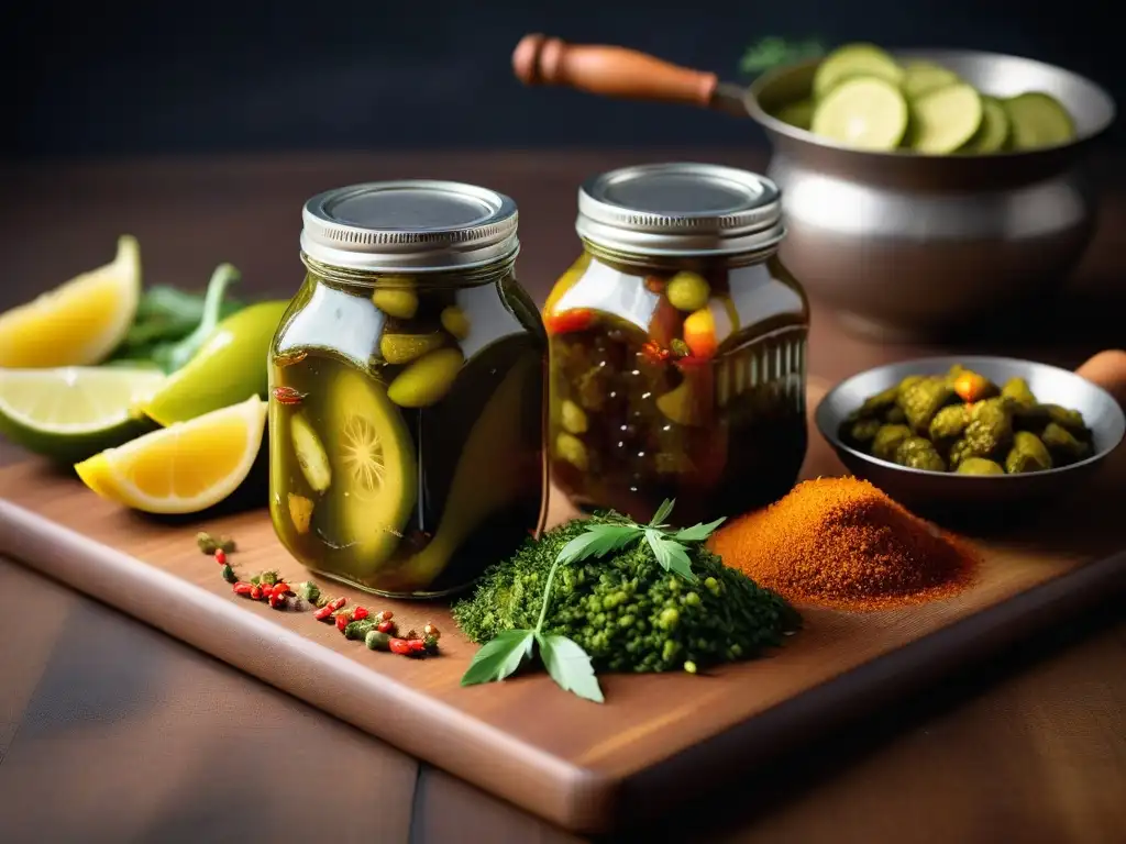 Una mezcla de pickles indios veganos vibrantes y detallados en tabla moderna