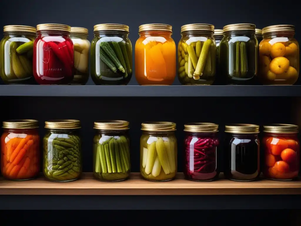 Una mezcla vibrante de vegetales fermentados en tarros de vidrio, detallando texturas y colores