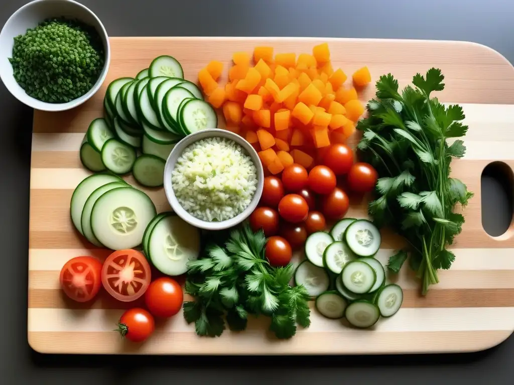 Una mezcla vibrante de vegetales frescos y hierbas picadas, listos para una salsa crudivegana casera