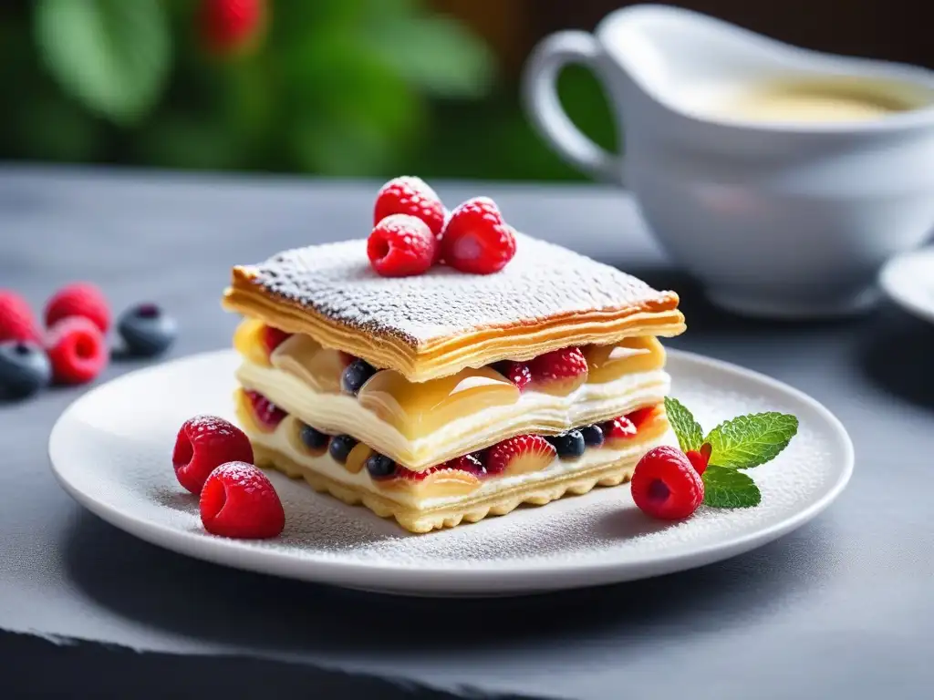 Milhojas vegano con crema pastelera, frutas y menta: una delicia dorada y delicada