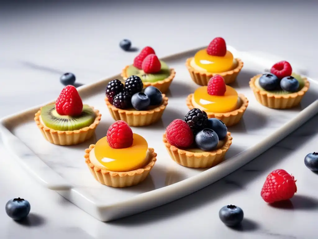 Mini tartas veganas deliciosas sorprenden con elegancia y sofisticación en mármol blanco