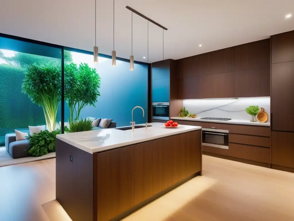 Minimalismo en la cocina vegana: Cocina moderna con encimeras de mármol blanco, gabinetes de madera y electrodomésticos de acero inoxidable