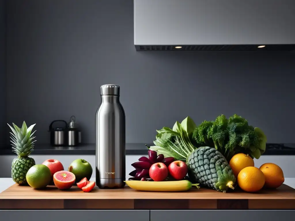 Minimalismo en dieta vegana: Cocina minimalista con electrodomésticos de acero inoxidable, frutas frescas y botella de agua