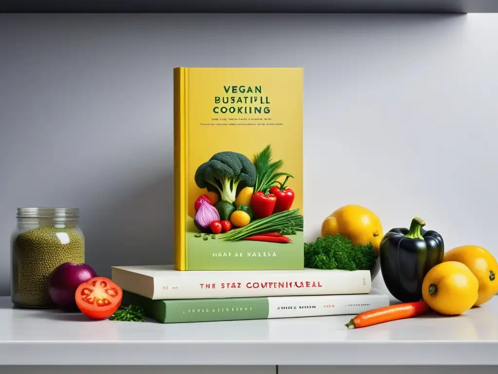 Una minimalista cocina con libros cocina vegana influentes en portadas modernas y coloridas