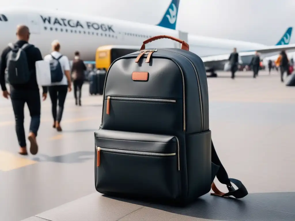 Una mochila vegana para viajeros con compartimentos para almuerzos veganos, en un aeropuerto bullicioso