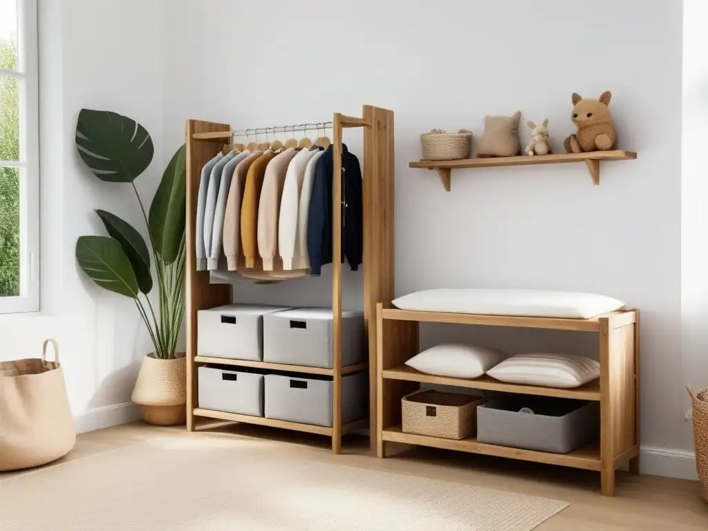 Moda infantil vegana sostenible: Ropita de bebé en un armario de madera reciclada, con prendas ecofriendly en colores neutros y materiales orgánicos