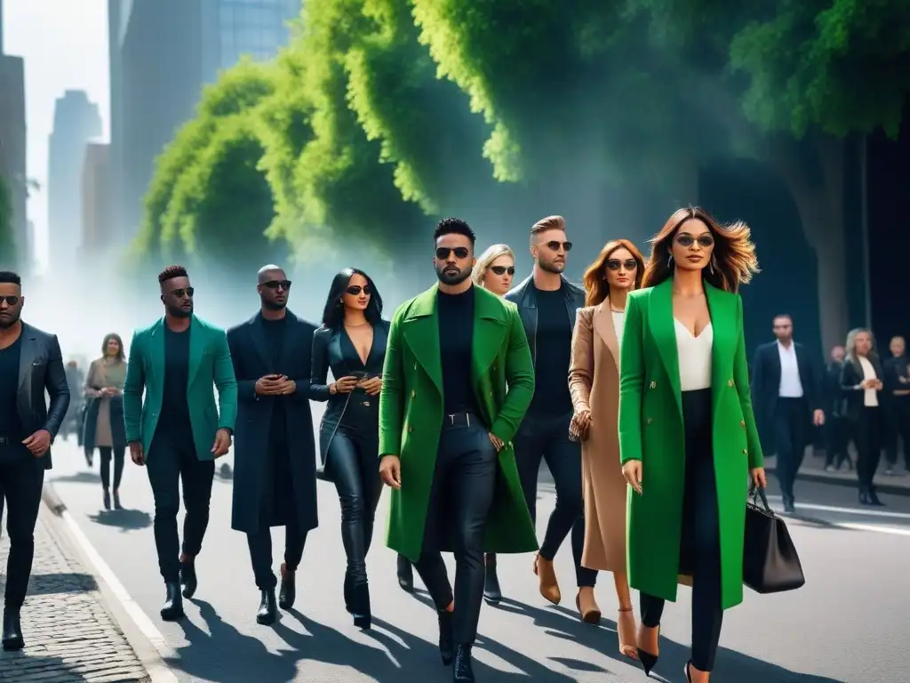 Moda vegana sostenible en la ciudad: estilo verde y urbano Moda vegana sostenible transformando: Una calle de ciudad bulliciosa con personas elegantes luciendo prendas ecofriendly en tonos verdes vibrantes