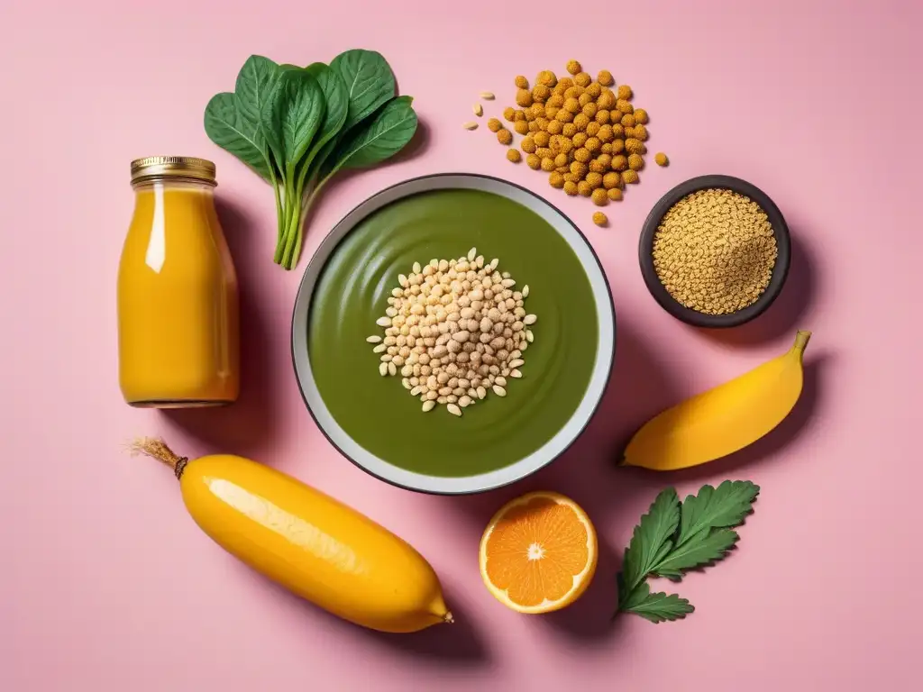 Una ilustración moderna de alimentos veganos ricos en vitamina B12 en un estilo minimalista, resaltando su valor nutricional