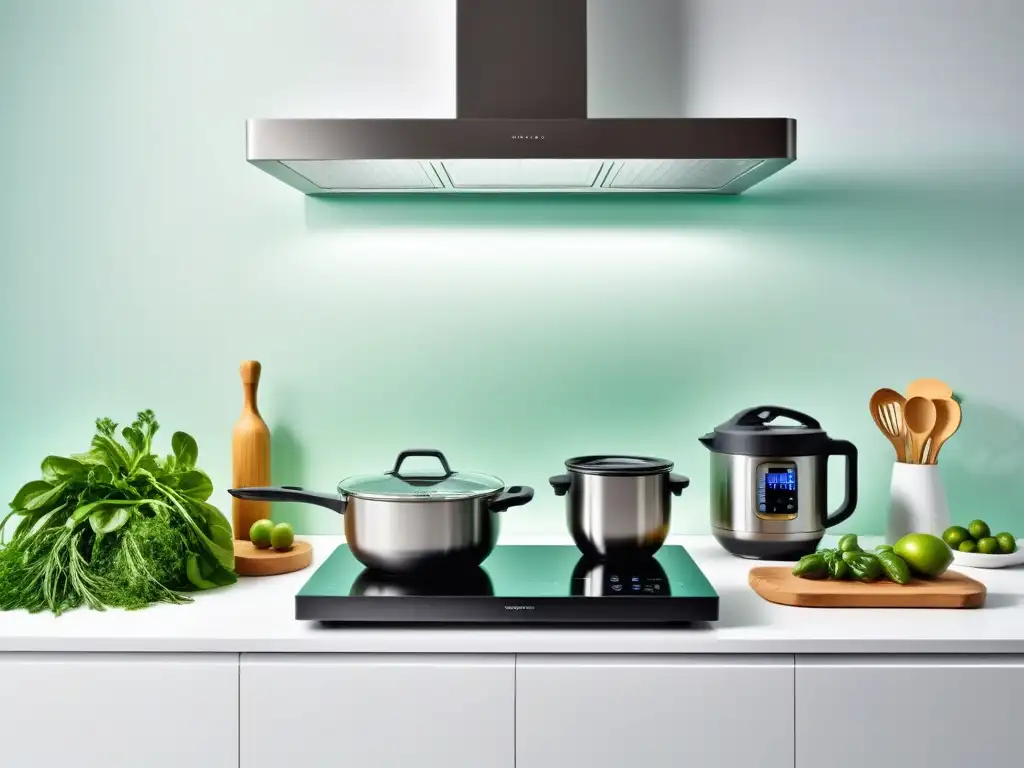 Moderna cocina vegana con gadgets hightech y utensilios ecofriendly