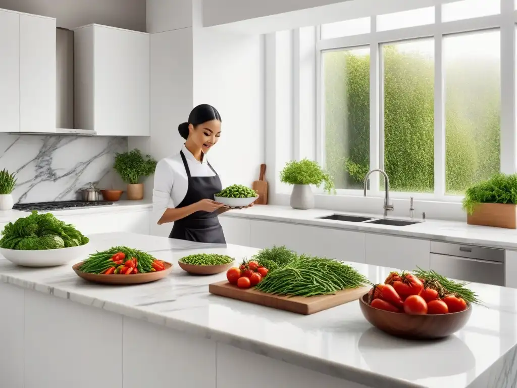 Moderna cocina soul vegana profunda con elegantes electrodomésticos de acero inoxidable, plantas verdes y comida colorida