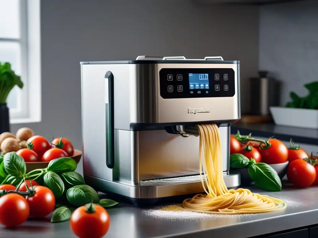 Una moderna máquina para hacer pasta vegana en una cocina minimalista con ingredientes frescos