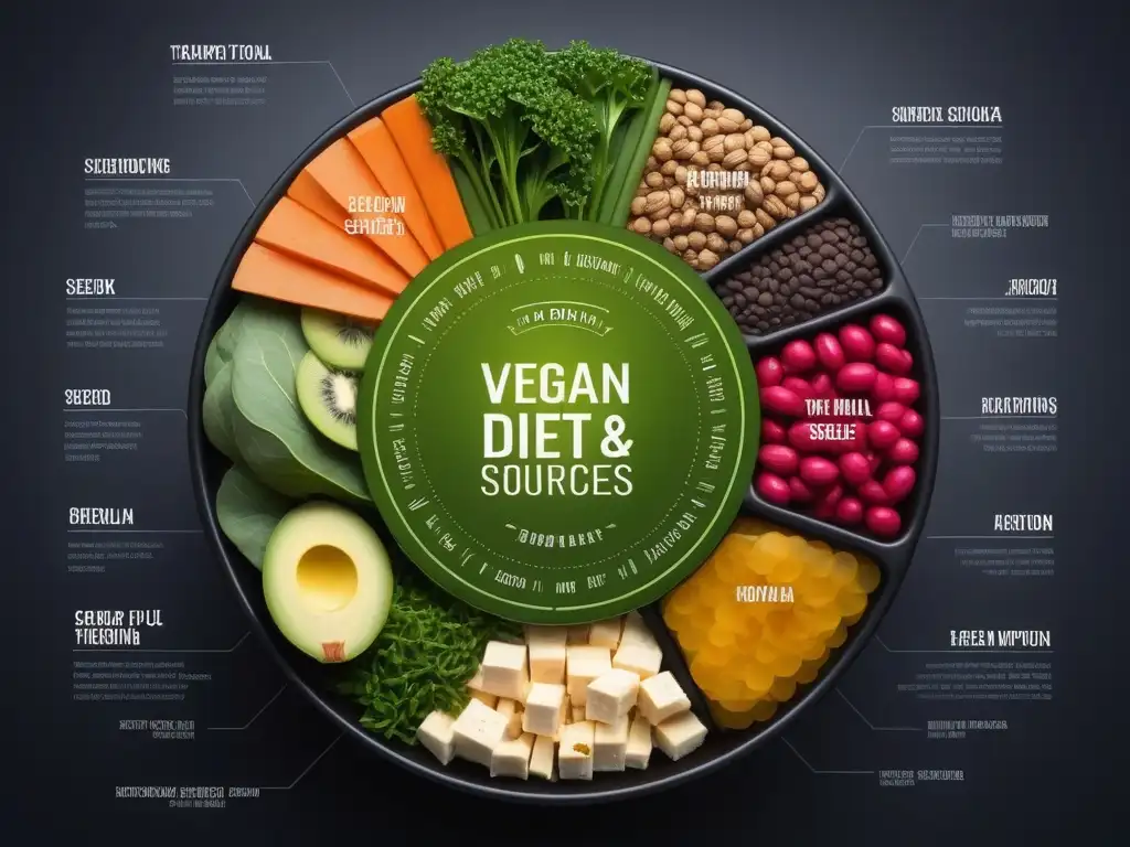 Infografía moderna de nutrientes en dieta vegana: verdes, legumbres, frutos secos y tofu para nutrición óptima en dieta vegana