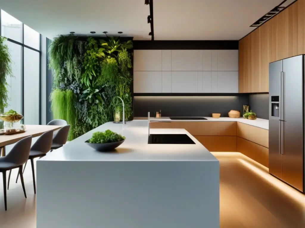 Moderna cocina eco con tecnologías sostenibles: placas de inducción, nevera inteligente y jardín vertical de hierbas frescas