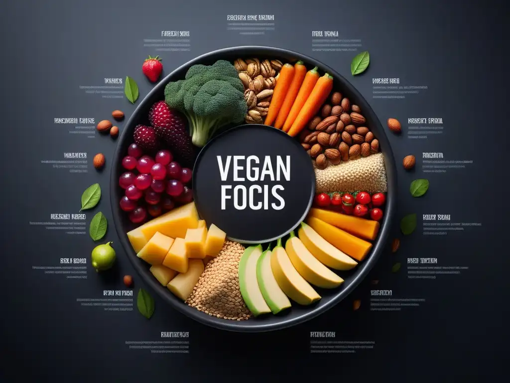 Infografía moderna y vibrante de alimentos veganos variados