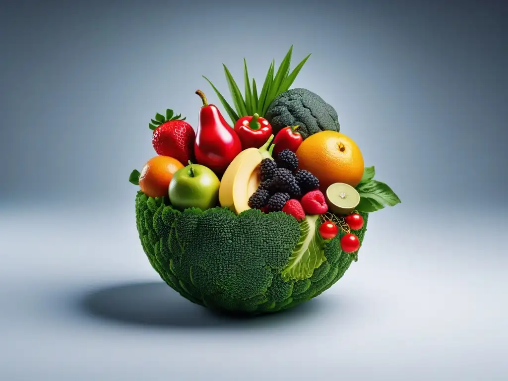 Ilustración moderna y vibrante de frutas y verduras coloridas rodeadas de iconos que neutralizan antinutrientes en alimentación vegana equilibrada