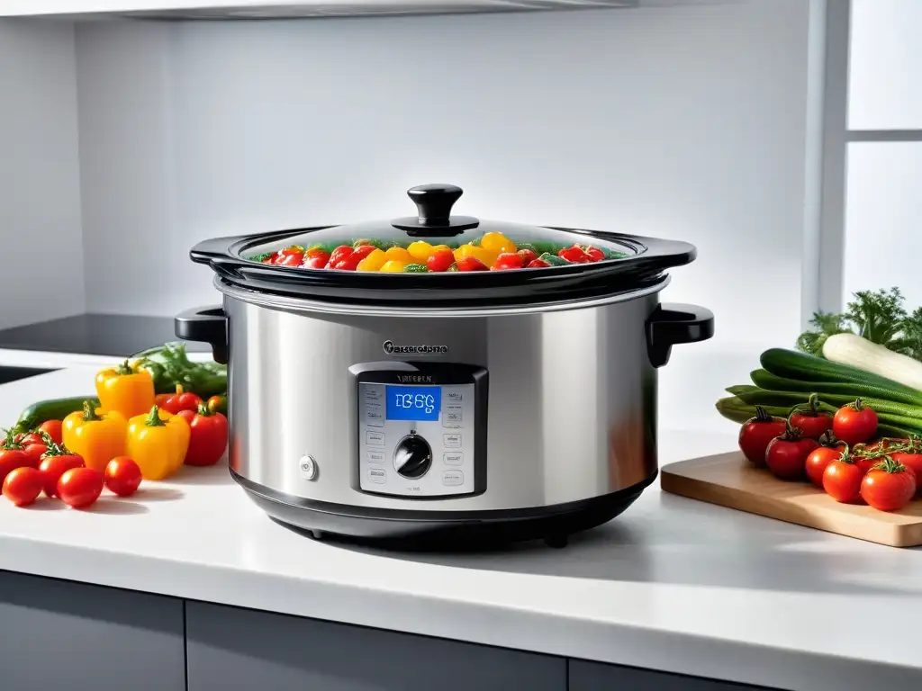 Un moderno slow cooker de acero inoxidable con vegetales vibrantes cocinando a baja temperatura en una cocina vegana