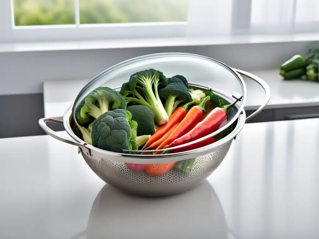 Un moderno cesto vaporizador de acero inoxidable repleto de verduras vibrantes, con luz natural filtrándose por la ventana