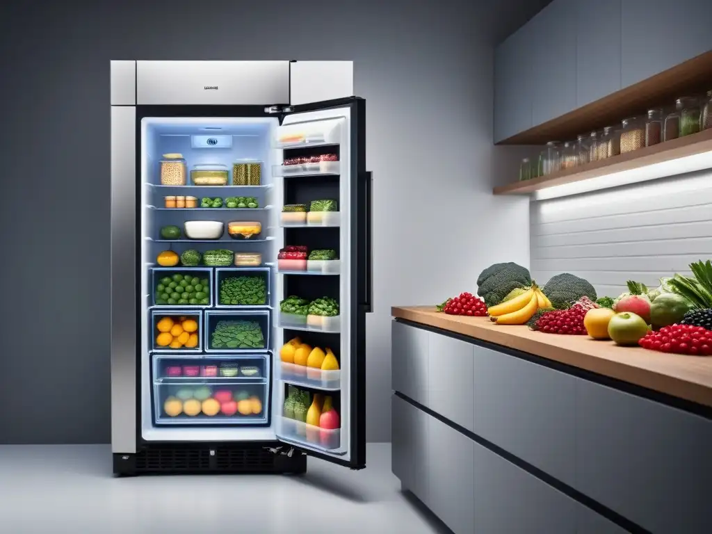 Un moderno y organizado refrigerador repleto de alimentos veganos frescos sostenibles en una cocina iluminada naturalmente