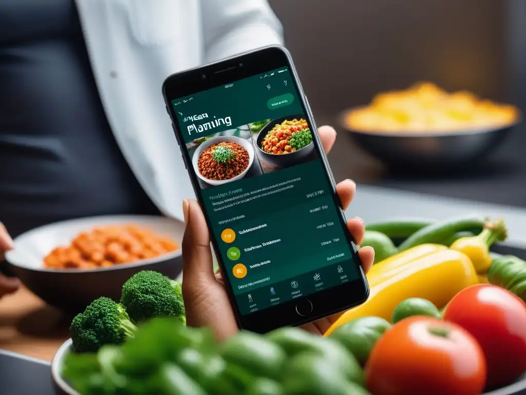 Un moderno smartphone muestra una app de planificación de menús veganos con diseño vibrante y opciones personalizables