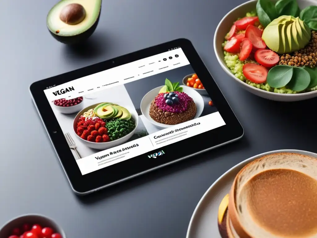 Un moderno tablet muestra coloridos platillos veganos en una cocina minimalista