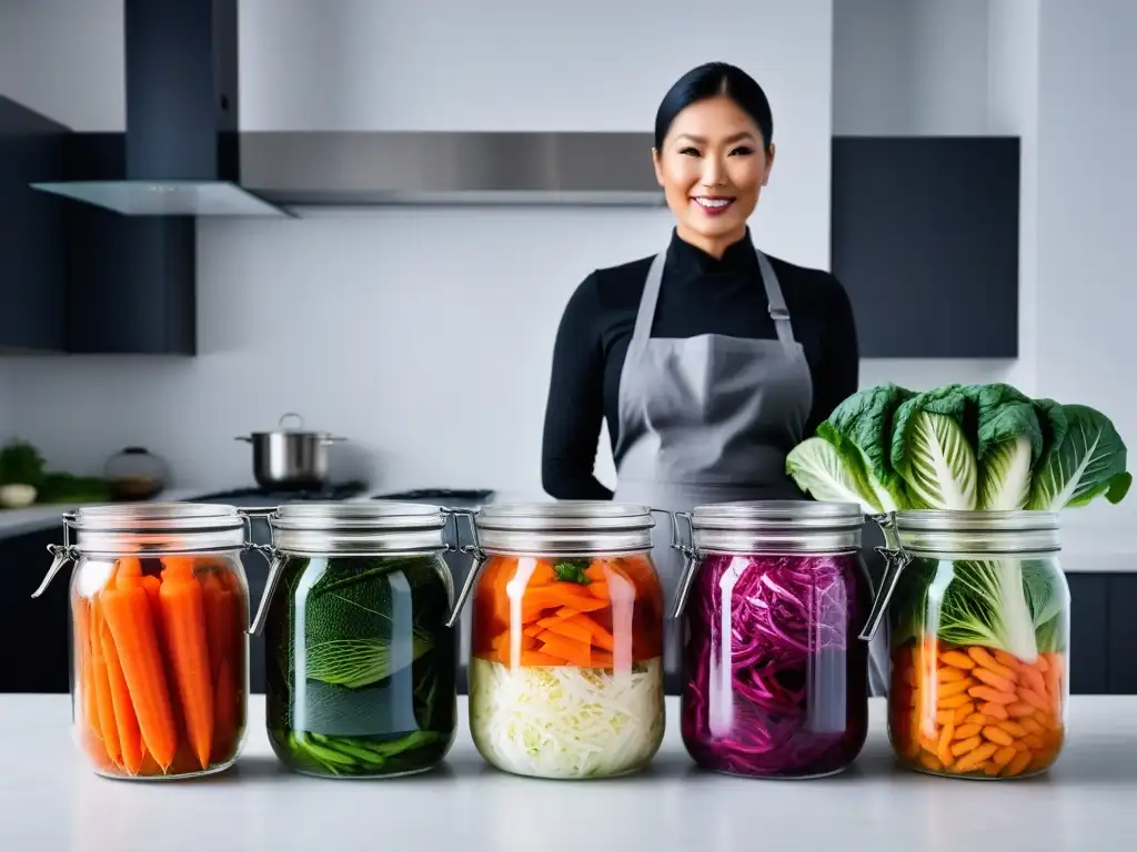 Un moderno y vibrante proceso de preparación de kimchi vegano saludable con col, rábano y zanahorias frescas en una cocina contemporánea