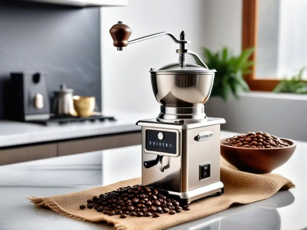 Un molinillo de café de acero inoxidable en una cocina elegante con granos de café y accesorios de lujo cocina vegana