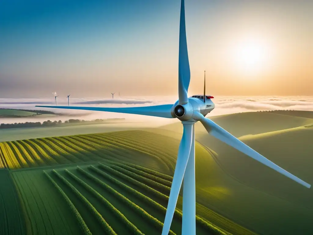 Un molino de viento futurista destaca contra un cielo azul, con el sol poniéndose y un paisaje verde